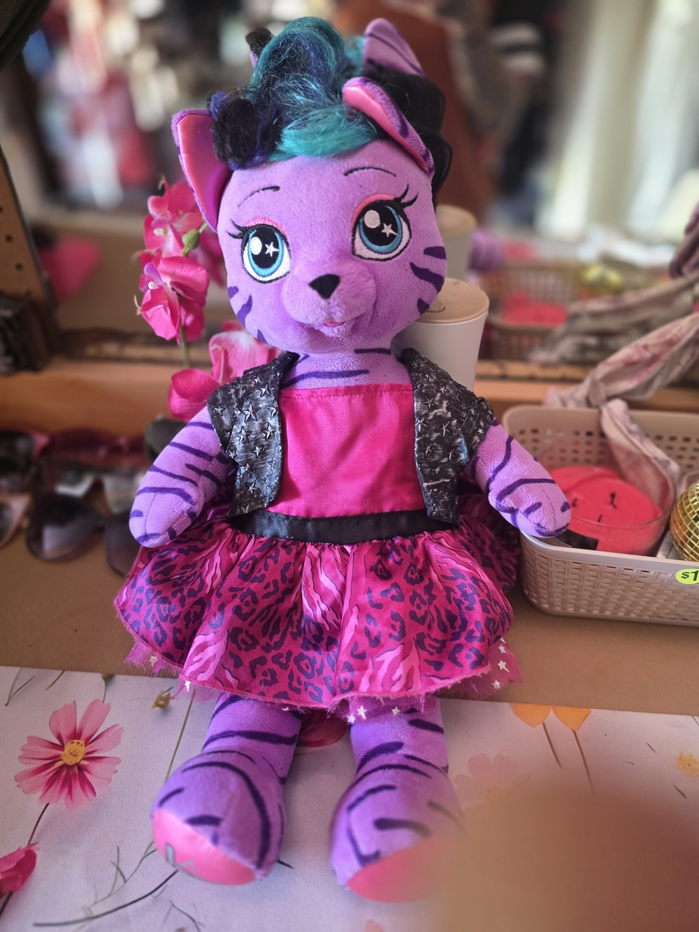 Build-A-Bear Purple Tiger Plush with Pink Dress and Teal Hair Accent